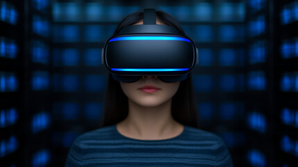 Immersed in the Digital Realm:  A young woman is lost in the world of virtual reality, her eyes fixed on the immersive experience.
