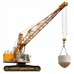 Yellow crawler crane lifting a concrete object.