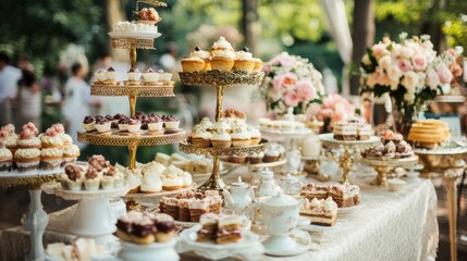 Elegant Outdoor High Tea Setup Featuring Assorted Cakes, Pastries, and Beautiful Floral Arrangements in a Serene Garden Setting