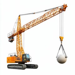 Orange crane lifting large sphere.