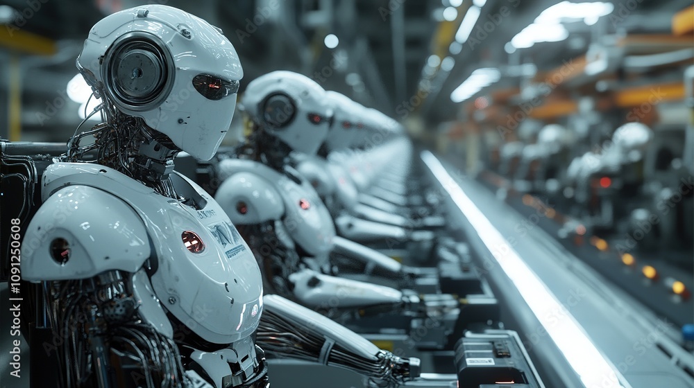 Poster robots and smart machinery working together in an automated factory environment.