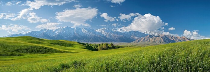 Fototapeta premium Breathtaking Panoramic View of Lush Green Hills and Majestic Snow-Capped Mountains Under a Bright Blue Sky with Fluffy White Clouds