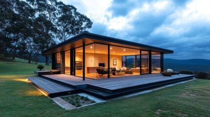 A prefabricated modular house with large panoramic windows, bringing the outdoors inside with beautiful scenic views.
