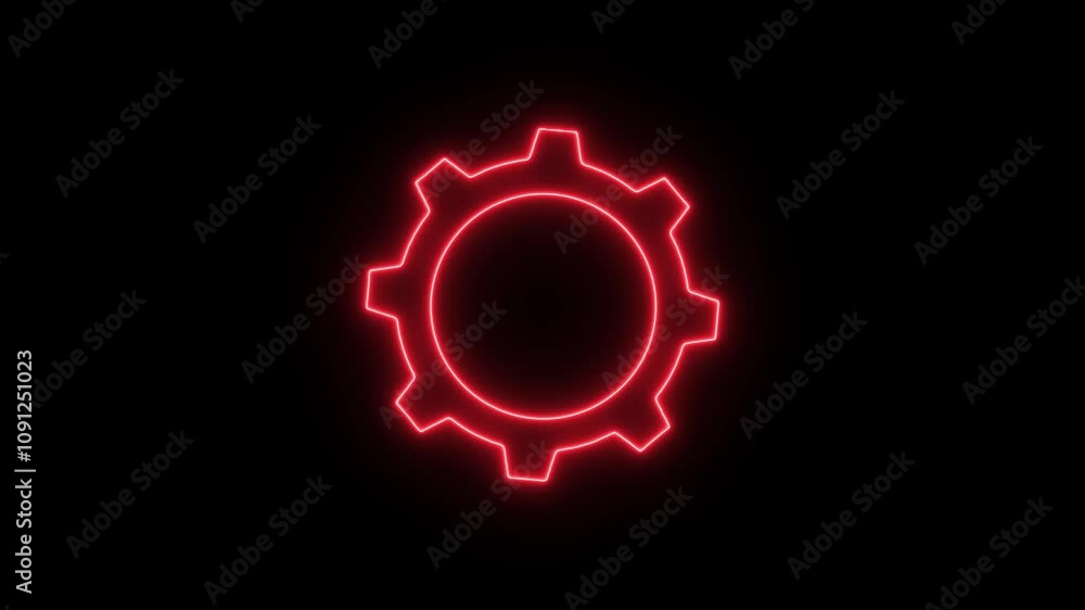 Poster spinning gears animation. glowing neon setting icon, red color settings icon. glowing neon line sett