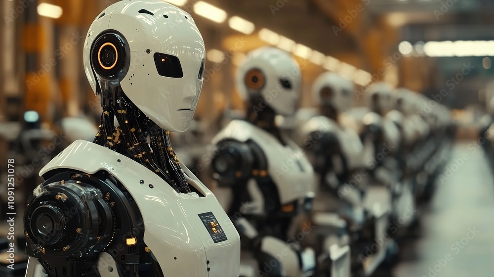 Poster robots and smart machinery working together in an automated factory environment.