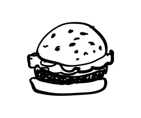 Burger hand drawn in doodle style. Food, kitchen, menu. Vector illustration for design.