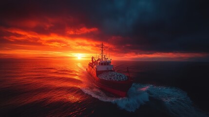 Obraz premium Dramatic Sunset Fishing Vessel Ocean Cargo Ship Seascape