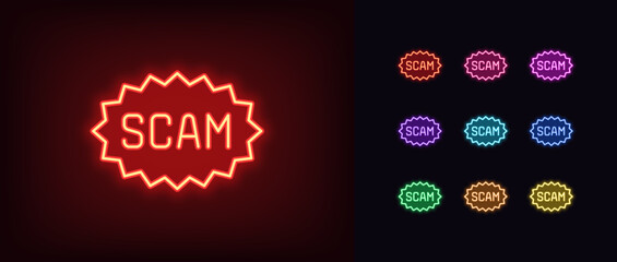 Outline neon scam alert icon set. Glowing neon warning tag with text Scam, fraud caution label. Scam tag, suspicious data, fraud risk, cyber threat, deception danger, internet security. Vector icons
