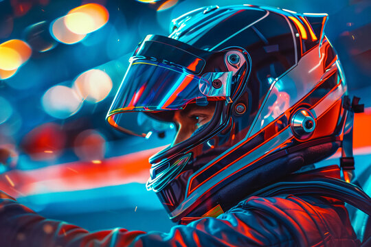 professional sports car racer in a helmet driving auto on the track