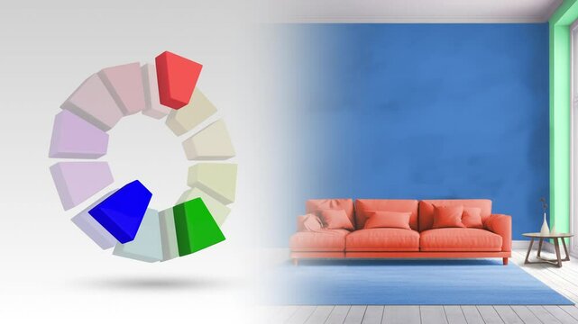 Split complementary color scheme of  blue, red orange, green for living interior