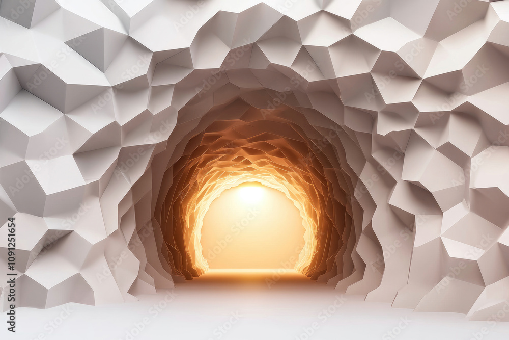 Poster abstract tunnel featuring silver geometric shapes, illuminated by a bright light at the end, creatin