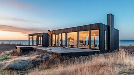 Obraz premium A spacious modular house with prefabricated panels and large panoramic windows, ideal for sustainable, modern living.