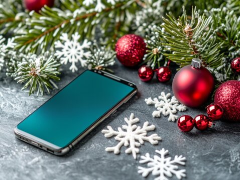Red and green e-commerce interface with holiday banners smartphone close-up