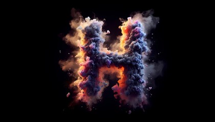 Explosive letter H, multicolor dust explosion, black background fog, multicolor light, created with A.I. generative.