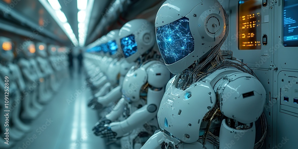 Poster advanced robots lined up in a futuristic corridor showcasing cutting-edge technology and design