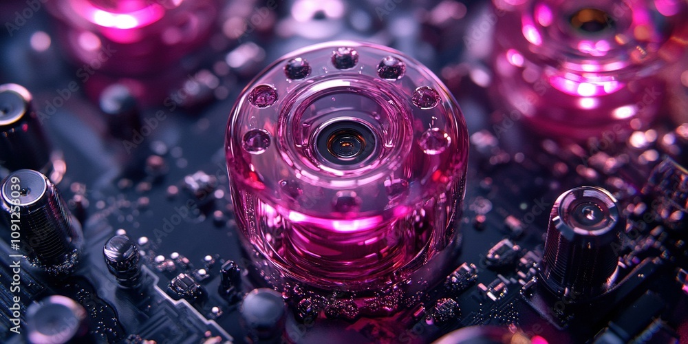 Poster close-up view of intricate electronic components with vibrant pink details in a high-tech setting