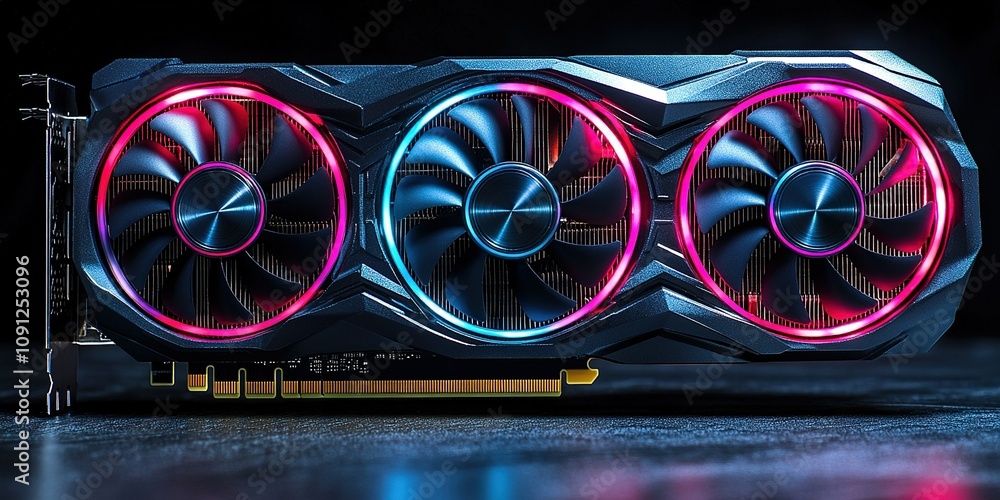 Poster high-performance graphics card with illuminated fans showcasing advanced cooling technology