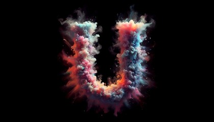 burning letter U, Explosive, multicolor dust explosion, black background fog, multicolor light, created with A.I. generative.