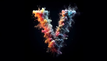 burning letter V, Explosive, multicolor dust explosion, black background fog, multicolor light, created with A.I. generative.