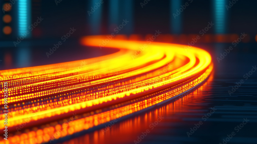 Poster digital flow: abstract digital art with glowing orange lines, representing the flow of data in a fut