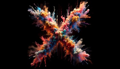 Explosive letter X, multicolor dust explosion, black background fog, multicolor light, created with A.I. generative.