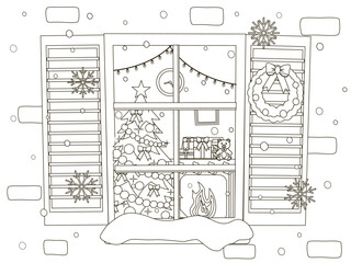 View of the cozy Christmas living room with a tree and fireplace through the window coloring page