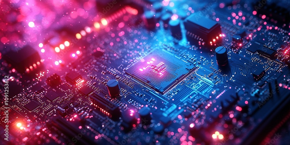 Poster circuit board illuminated with colorful lights showcasing intricate electronic components and design