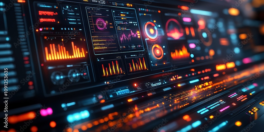 Poster dynamic user interface showcasing vibrant data visualizations and interactive elements during a tech
