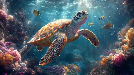 A Majestic Sea Turtle Gliding Through a Vibrant Coral Reef teeming with Life and Colorful Biodiversity
