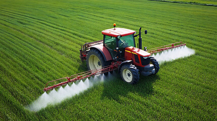 Fototapeta premium Tractor Spraying Fertilizer on Lush Green Agricultural Field from Aerial Drone View