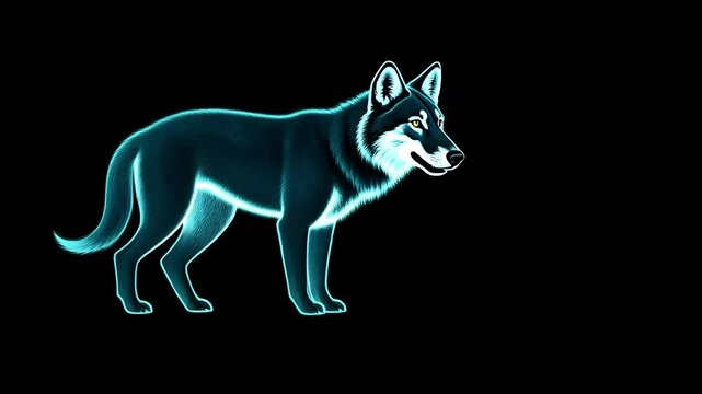 Stylized blue wolf with glowing fur turns its head on a black background. Ideal for projects related to animals, nature, fantasy, and graphic resources
