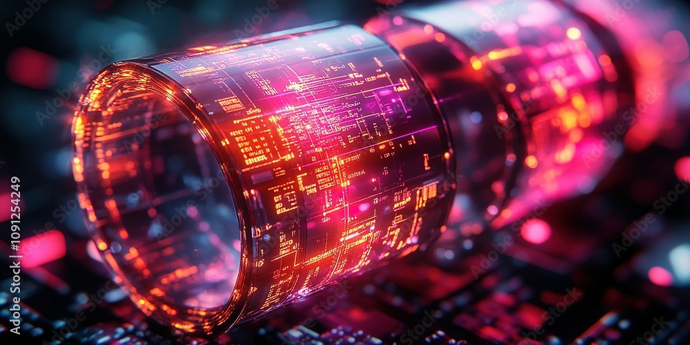 Poster visual representation of digital technology showcasing glowing circuits and data patterns in a futur