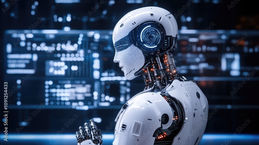 Poster a thinking robot in a futuristic lab, with holographic data projections illuminating its metallic fe