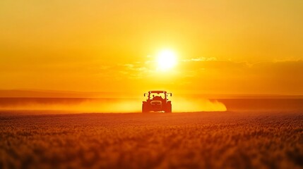 Fototapeta premium Tractor Spraying Soybean Field During Picturesque Sunset in Summer Countryside