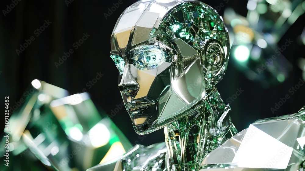 Poster a thinking robot in a futuristic lab, with holographic data projections illuminating its metallic fe