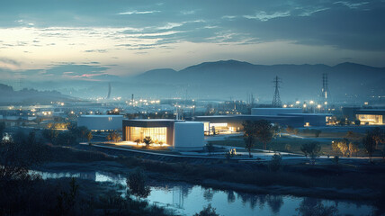 Fototapeta premium serene view of next generation power station at dusk, showcasing modern architecture and advanced technology. landscape features river, trees, and distant mountains, creating tranquil atmosphere