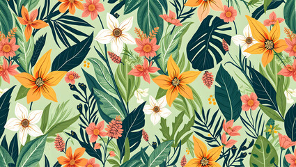 Fototapeta premium Modern exotic floral jungle pattern. Collage contemporary seamless pattern. Hand drawn cartoon style pattern.