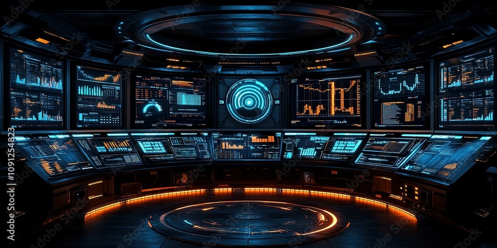 Poster high-tech control room with multiple screens displaying data and analytics in a futuristic setting