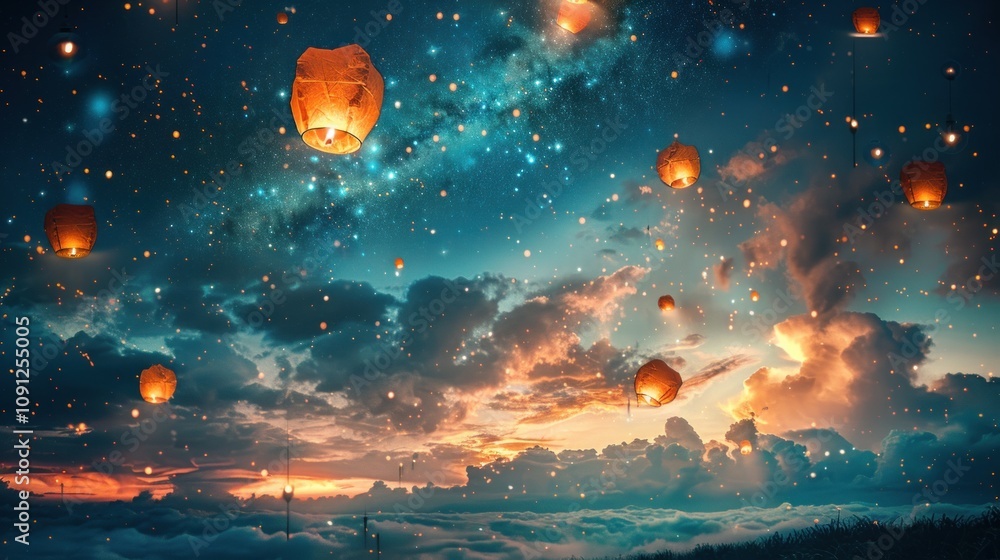 Poster A mesmerizing night sky with a multitude of glowing lanterns floating upwards, creating a magical and ethereal atmosphere against a backdrop of swirling clouds.