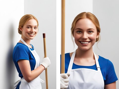 A blonde girl with a smile offers house cleaning services, the girl is wearing a white apron and holding a mop.
