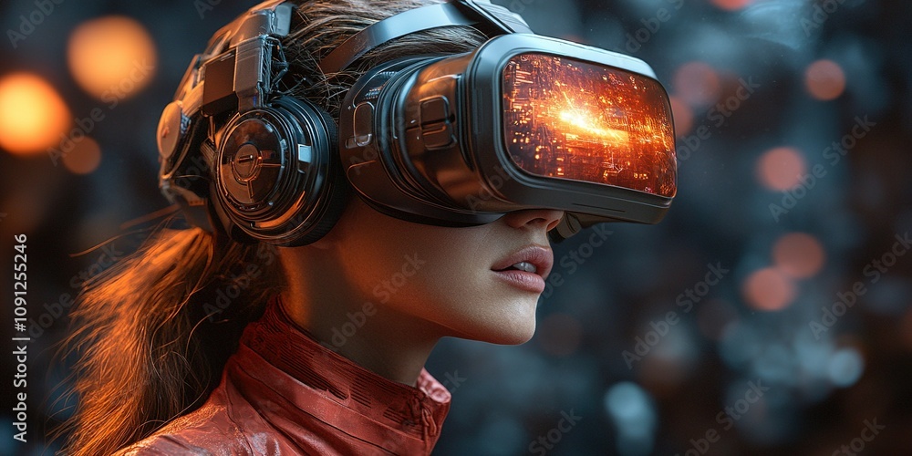 Poster exploring virtual reality with immersive headset technology in a futuristic setting