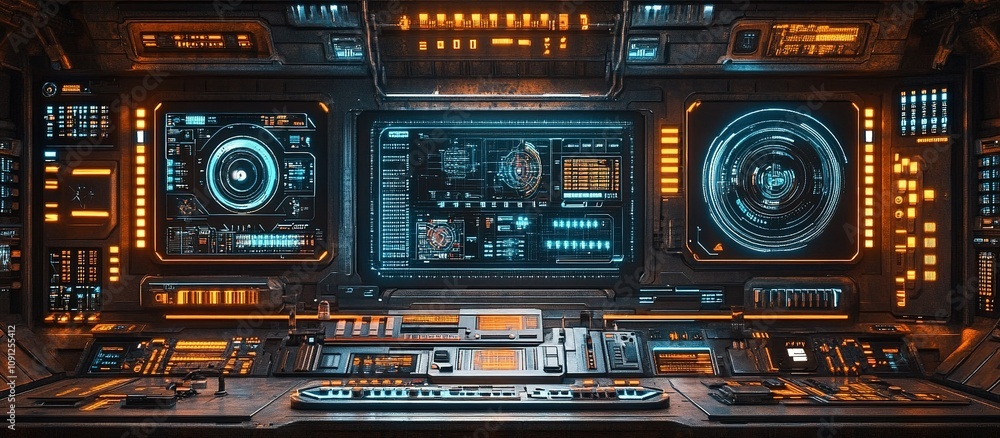 Poster control panel filled with advanced technology displays and glowing interfaces in a futuristic settin