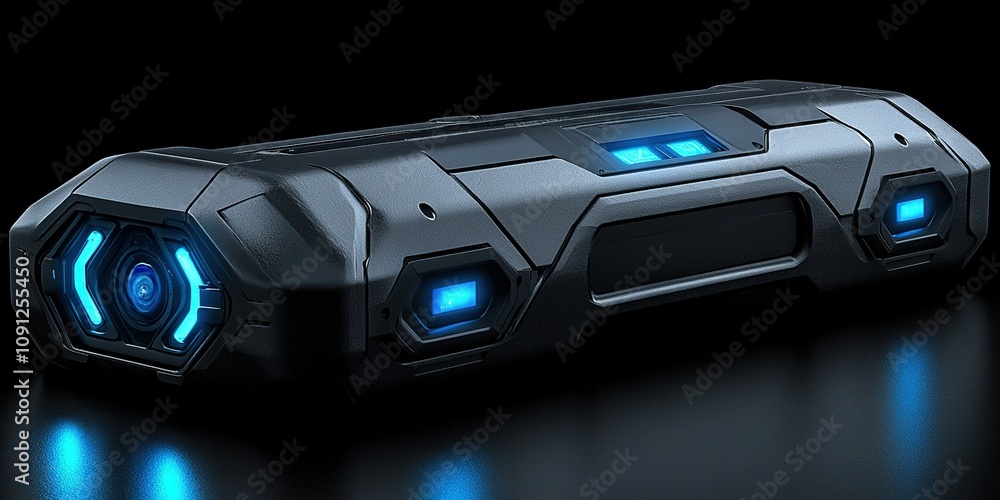 Poster modern portable device with blue led lights showcasing sleek design and advanced features for tech e