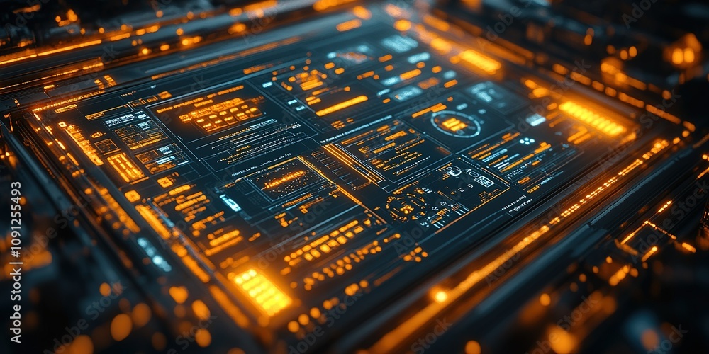 Poster futuristic digital interface displays complex data and glowing elements in a high-tech environment