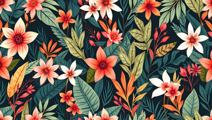 Fototapeta premium Modern exotic floral jungle pattern. Collage contemporary seamless pattern. Hand drawn cartoon style pattern.