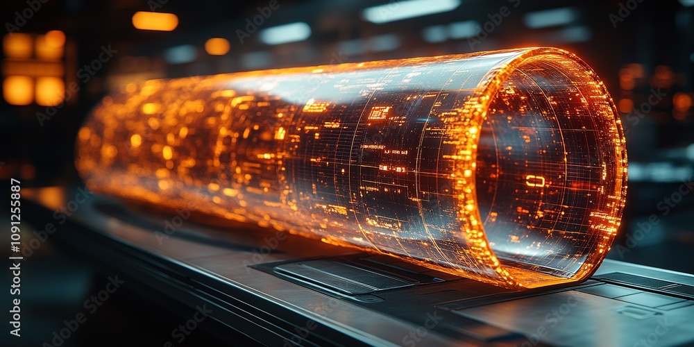 Poster futuristic tubular device with glowing data patterns displayed in a high-tech environment