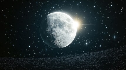 Fototapeta premium A large, bright moon hangs in a starry sky, with a glimpse of the sun breaking through behind it.
