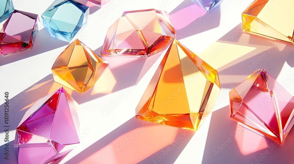 Poster abstract 3d render of irregular glass polygons in bright colors, casting soft shadows on a white sur