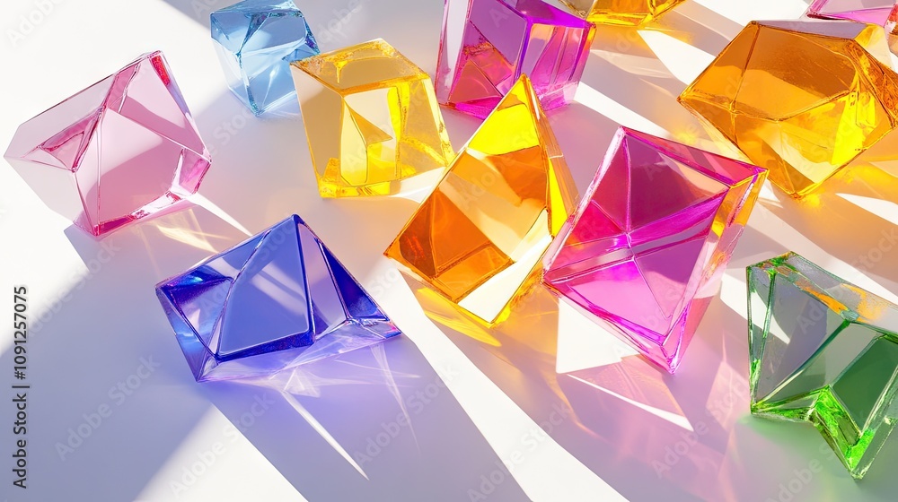 Aufkleber abstract 3d render of irregular glass polygons in bright colors, casting soft shadows on a white sur