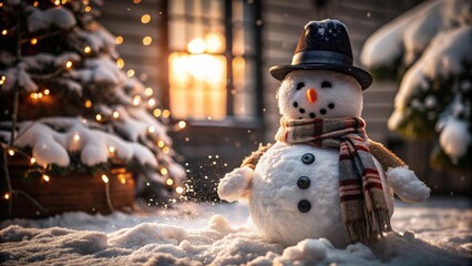 Obraz premium A cheerful snowman standing in the snow, adorned with a scarf, hat, and button eyes, surrounded by twinkling winter lights, capturing the festive and magical essence of the holiday season.